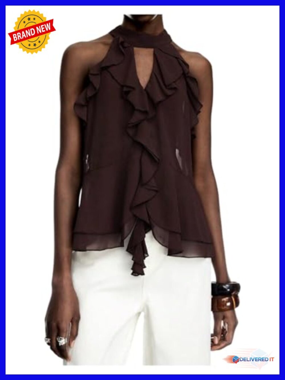 Chiffon Ruffle Tank Top Crop Keyhole Back Flowy Blouse Summer